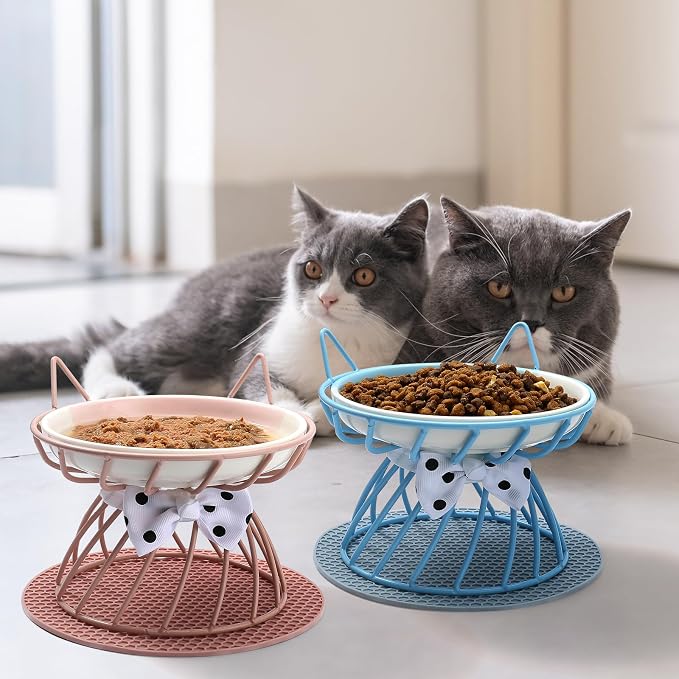 Set of 4 Elevated Ceramic Cat Bowls, Assorted Colors | 4-Piece Bowl Set Detachable Bowls Easy to Clean Non-Slip Pads Premium Ceramic