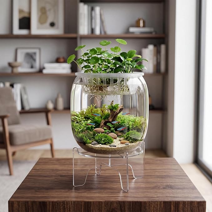 Thenshop 1.07 Gallon Plastic Aquaponic Planter and Aquarium Betta Bowl Fish Aquariums Small Fish Tank with Base and Top Promotes Healthy Hydroponic Environment for Plants (Elliptical Cylinder)