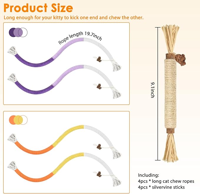 Tocirelo Silvervine Sticks for Cats & Cat Chew Rope - 8Pcs Natural Cat Chew Toy Teeth Cleaning for Bored Indoor Adult Cats, Matatabi Dental Care Kitten Treat Teething Toys, Silver Vine Cat Chew Stick