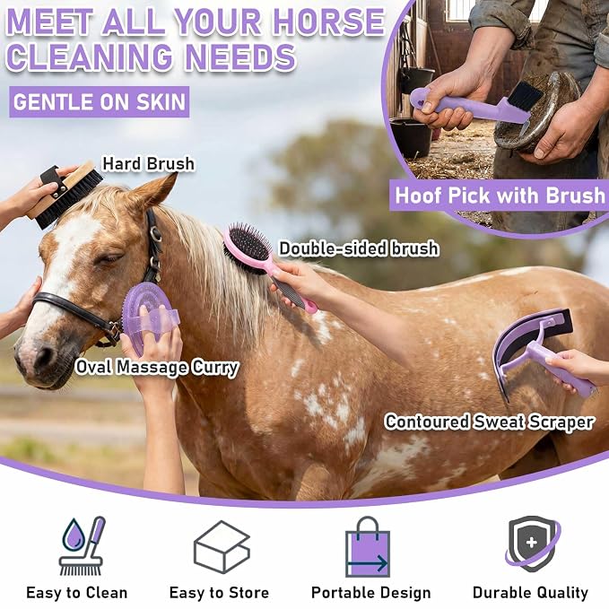 Cunhill 9 Pcs Horse Grooming Kit Tack Room Supplies Set with Tote Bag, Oval Massage Curry, Hard and Soft Brush, Hoof Pick, Sweat Scraper, Bathing Sponge, Comb for Horse Rider(Classic,Purple)