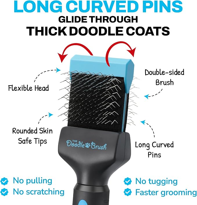 The Doodle Brush Slicker Dog Brushes Curly Coat Detangler, Single Head | Flexible Grooming Brush, Ergonomic Handle, Goldendoodle, Cockapoo, Cavapoo, Dematting Dogs, Removes Mats and Tangles