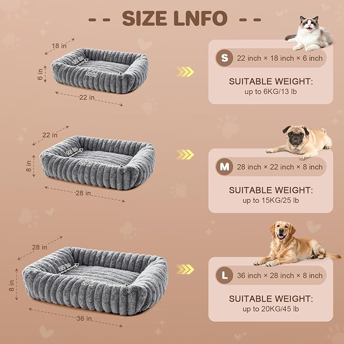 Dog Beds Large Sized Dog, Washable Self Warming Dog Cat Bed Rectangle Orthopedic Large Pet Sofa, Super Soft Plush Rabbit Fur Pet Couch Cute Cat Bed with Removable Zipper Cover & Anti-Slip Bottom