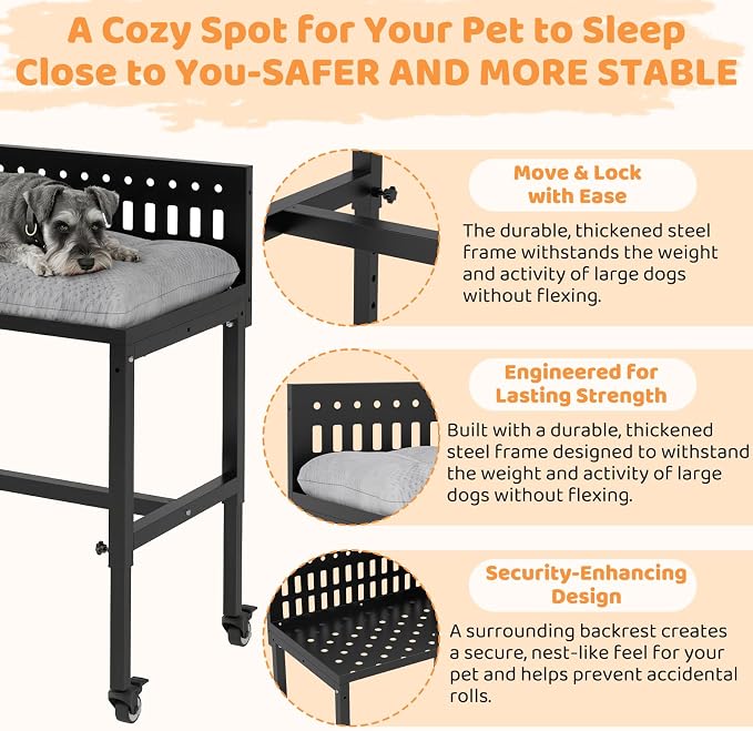 Beside Dog Bed,2 Panels Adjustable Height Dog Bunk Beds,26.8”x18.1” Metal Frame & Cushion, Converts to Bunk Bed or Bed Extension Attachment for Human Bed, for Small Dogs