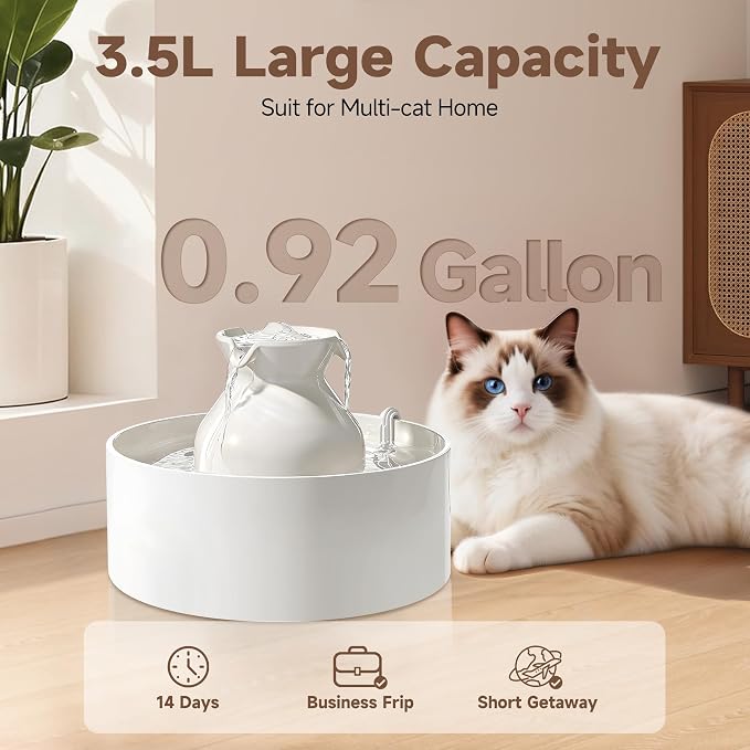 PETIMI Ceramic Cat Water Fountain, 3L/101 fl oz Ultra-Quiet Pet Water Fountain, Automatic Water Dispenser for Cats & Small Dogs, No Spill Cat Water Bowl, BPA-Free, 2 Filters Included, Easy to Clean