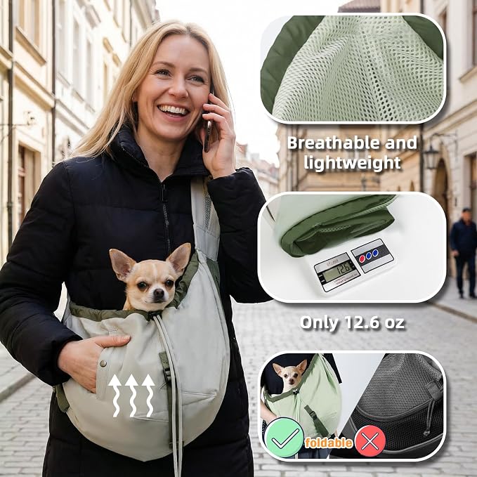 Dog Carrier Sling, Dog Carriers for Small Dogs Up to 20lbs,Army-Green | Puppy Sling, Cross Body Carrying Bag, Soft Front Pouch, Adjustable Shoulder Strap, Breathable Mesh Pet Backpack for Hiking