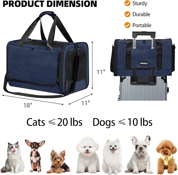 Cat Carrier for Travel, Soft-Sided, Top Loading, Privacy Curtain, to 20 lbs | Medium Pet Carry Bag Nervous Cat, Vet Visits Car Transport, Luggage Sleeve Suitcase Attachable Small Puppy Crate Kennel Navy