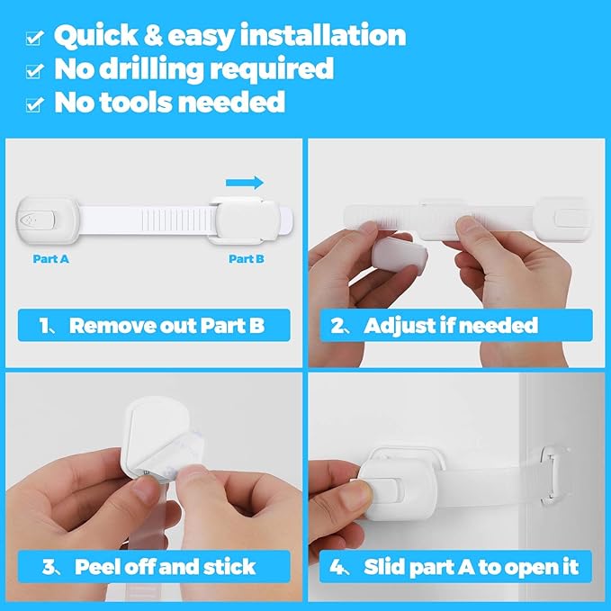 Child Safety Strap Locks for Cabinet, Fridge, Ovens, Toilet, Drawer, Trash can etc with Strong Adhesive Not Easy to Fall Off, Adjustable Length, 4 Packs