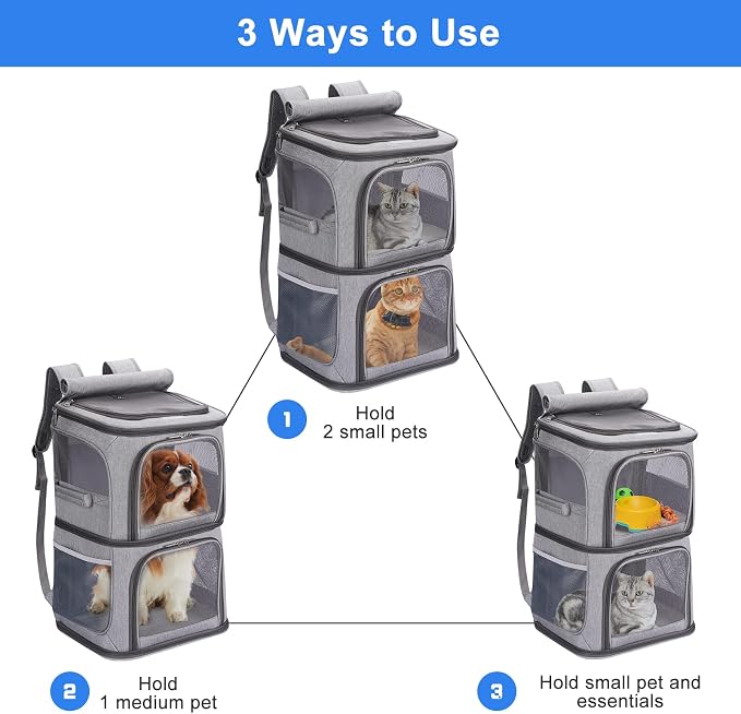 2-in-1 Double Pet Carrier Backpack for Small Cats & Dogs, Grey | Portable Pet Travel Carrier with Super Ventilated Design, Ideal for Hiking, Camping and Outdoor Adventures