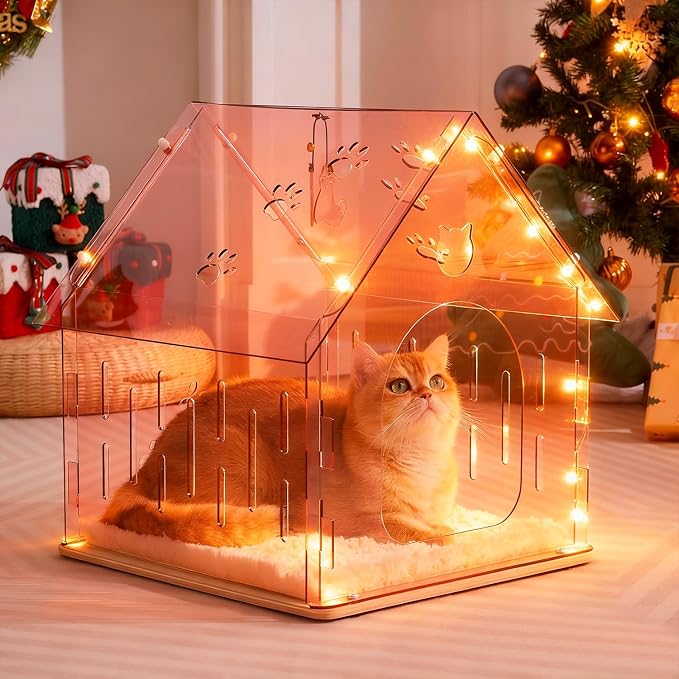 Acrylic Cat House for Indoor Cats, Transparent Cat Bed Cave with Plush Cushion & Hanging Toys, Modern Ventilated Cat Condo with Sturdy Wooden Base for Adult Cats & Kittens up to 15 lbs, Pink