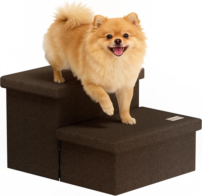 2-Step Wide Dog Stairs with Storage 11" H, Non-Slip Sturdy Pet Steps for Couch Chair, Dog Steps for Small/Medium Old Dogs, Cats, Rabbits Up to 150lbs, Foldable Cat Puppy Stairs for Car, Coffee