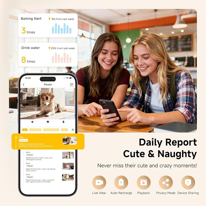 Pmate AI Pet Camera Robot Companion for Dogs & Cats Robot Camera with Visual Recognition Remote Video Interaction Auto Feeding & Play Red Light Teaser Night Vision Auto Charging Pink