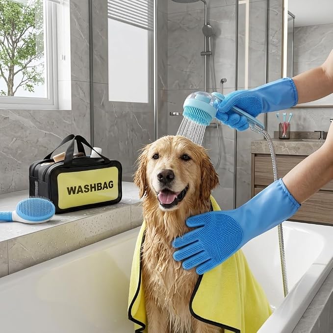 7 Pcs Dog Washing Kit: Shampoo Brush, Hair Brush, Washing Gloves, Dog Towel | Dog Brush for Shedding, Toothbrush, Large Towel, and Dry-wet Separation Bag, Dog Bath Grooming Kit, Dog Bath Supplies