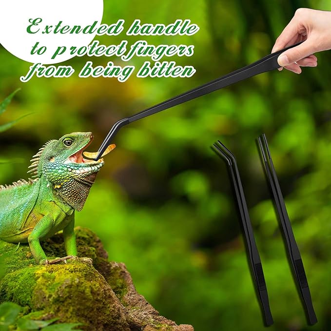 Lasnten 2 Pcs Extra Long Stainless Steel Reptile Feeding Tongs with Rubber Tip 18.5 Inch, 18.9 Inch Bearded Dragon Aquarium Straight and Curved Long Tweezer Terrarium Feeder Tool for Tank(Black)