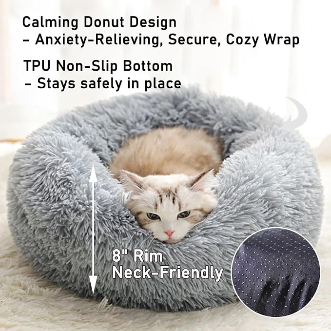 Calming Donut Dog Bed Medium Size Dog - Washable Removable Cover Non-Slip Bottom, Round Pet Bed Cat Bed Warming Fluffy Plush Faux Fur Anti-Anxiety, Fits up to 45 lbs (Light Grey, 30")