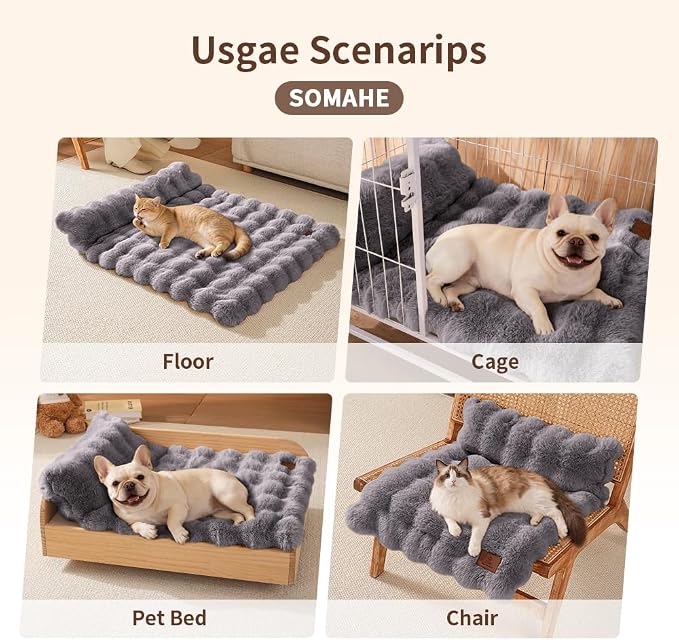 SOMAHE Cat Bed and Small Dog Bed Mat, Raised Pillow, 27 x 20 Inch, Gray | Self-Warming Fuzzy Faux Fur Surface, Soft Plush Pet Sleeping Pad for Indoor Cats, Machine Washable, Non-Slip Bottom