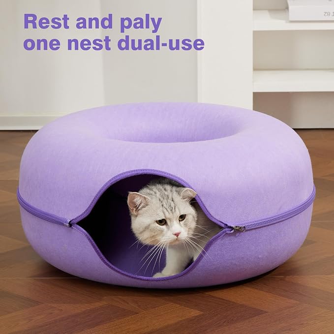 Cat Tunnel Bed for Indoor Cats with 3 Toys, Scratch Resistant Detachable and Washable Large Donut Cat Bed, Available in All Seasons (Purple, L(24x24x11))