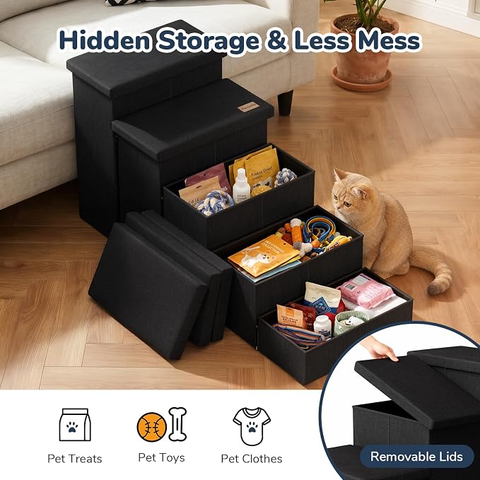 5-Step Wide Dog Stairs with Storage 23" H, Non-Slip Sturdy Pet Steps for High Bed Couch Window, Pet Stairs for Small/Medium/Large Old Dogs Cats Up to 260lbs, Cat Dog Steps for Car/SUV, Black