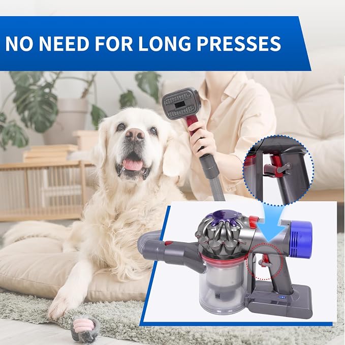 2-in-1 Pet Grooming Kit Compatible with Dyson V7 V8 V10 V11 V15 Cleaner | Dog Hair Vacuum Attachment Removes Loose Hair Dander Undercoat Tangles Self-Cleaning with Extended Vacuum Hose Trigger Lock