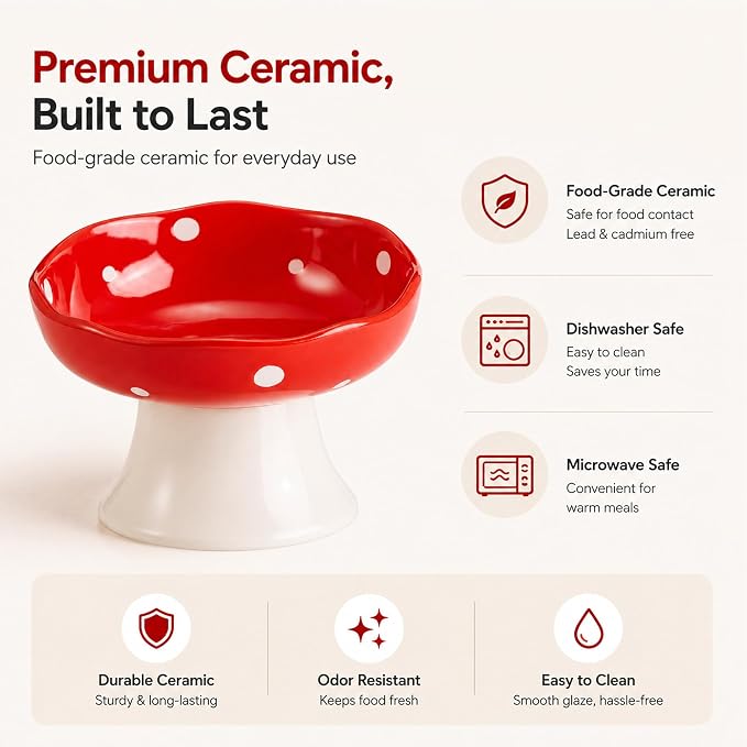 Red Mushroom Cat Bowl, Elevated Ceramic Bowl for Cats | Cute Mushroom, Elevated, Ceramic, Whisker Friendly, Wide Opening, Stable, Easy Clean