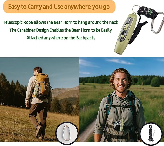 Rechargeable Bear Horn to Scare Bears, 125dB Electronic Air Horn with LED Flashlight & Compass & Thermometer, Electronic Whistle Bear Bells for Safety Hiking Camping Emergency Self Defense
