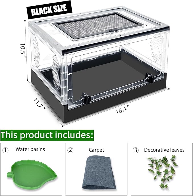 Travel Foldable Reptile Terrarium with Sliding Door Portable Spider Enclosure, Lizard Cage, Plastic Habitat for Tarantula, Tree Frog, Leopard Gecko, Snake, Ventilated Terrarium Starter Kit Black