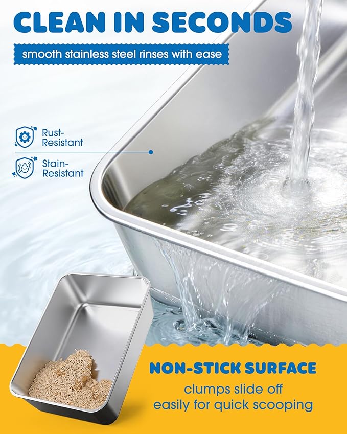 Powools Stainless Steel Cat Litter Box, Metal Litter Box with Scoop, High- Sided, Anti-Leakage Top Entry, Non-Sticky, Easy to Clean, Grey, XL (2 Pack)