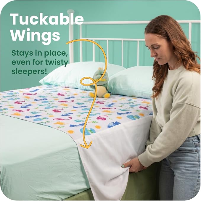IMPROVIA® Pee Pads for Kids - Bed wetting Pads for Kids Potty Training Bed mats for Toddlers Waterproof Reuseable Washable Absorbent, Non Slip - Dino Design - Full Size 34”x52