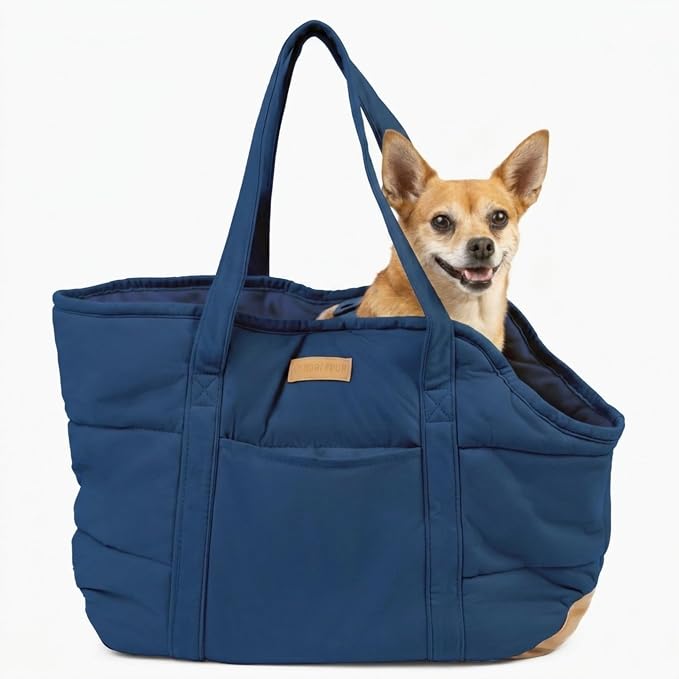 Plush Dog Purse Carrier for Small Dogs, Soft Dog Tote Bag with Safety Harness Clip, Cozy Pet Carrier for Dogs Under 15 lbs, Comfortable Dog Shoulder Carrier for Travel, Dark Blue