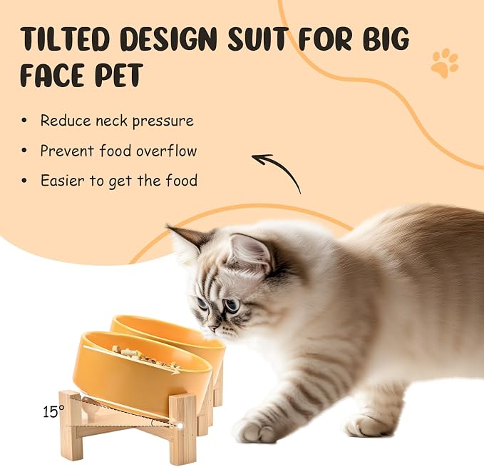 SPUNKYJUNKY 15° Slanted Ceramic Dog and Cat Bowl with Wooden Stand, Tilted Bulldog Food and Water Bowl No Slip Non-Spill for Cats Medium Dogs Big Face Pets 13.5 OZ (1.7 Cups, Yellow × 2)