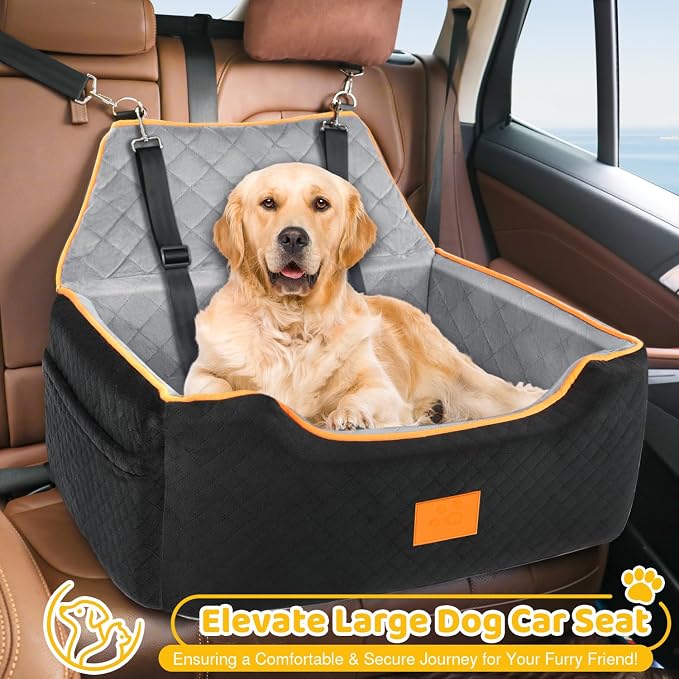 XIEEAOZEE Dog Car Seat for Large/Medium Dog, Booster Seat for Dogs Under 55Lbs or 2 Small, Detachable and Washable Travel Pet Seat with Thick Cushion and Storage Pockets (Black/Gray)