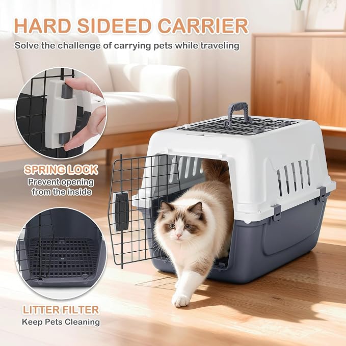 22-Inch Dog Crate Plastic 2-Door Top Loading Cat Carrier, Hard-Sided Dog Travel Carrier for Small Dogs and Cats, Ventilation and Security Lock Design for Pets up to 22 lbs (Grey)