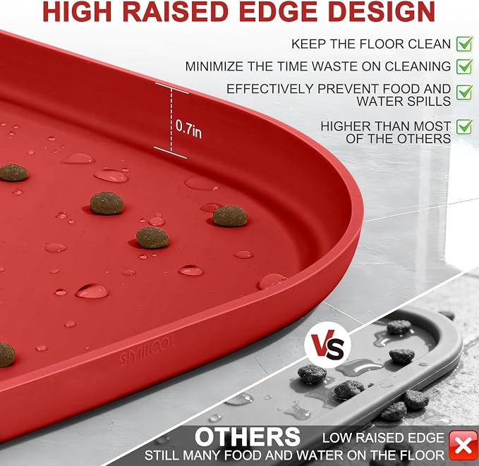 SMILOOL Waterproof Silicone Pet Food Mat with Raised Edge for Dog & Cat | 12" x 12" Non-Slip Small Pet Feeding Mats with Lip for Food & Water Bowl, Food Grade, Easy Cleaning, Red