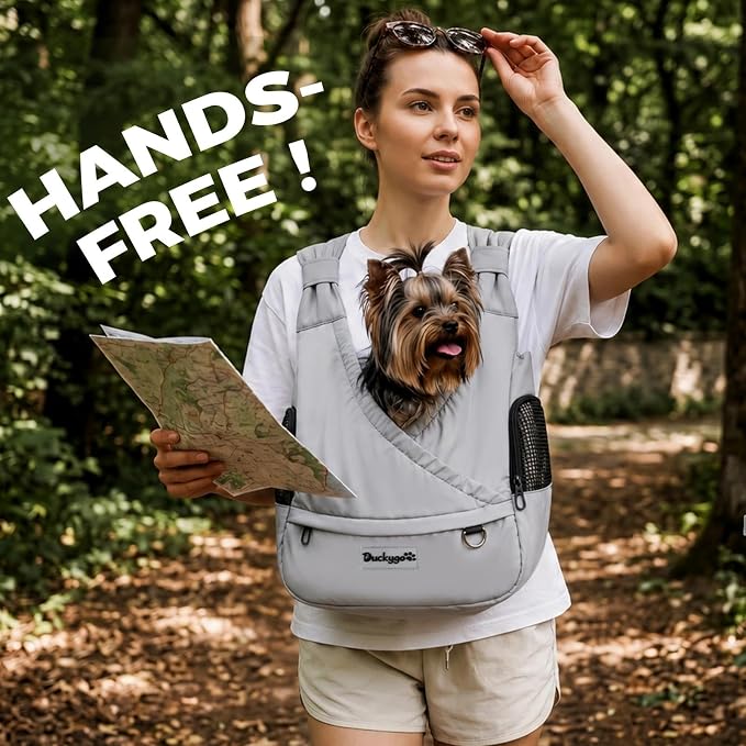 Small Dog Sling Carrier, Hands-Free, Gray, 4-13Lbs | Adjustable Bottom Support Front Backpack with Storage Pocket, Anti-Anxiety Breathable Side Mesh, Reduces Back & Neck Pain