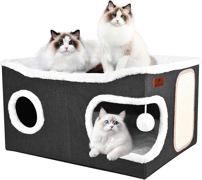 Extra Large Cat Beds for Indoor Cats, Covered Cat Cave Beds & Furniture with Scratch Pad and Fluffy Ball, Foldable Cat Condo with Reversible Cushion for Multi Small Pet Large Kittens, Dark Grey