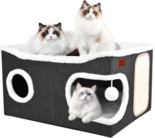 Extra Large Cat Beds for Indoor Cats, Covered Cat Cave Beds & Furniture with Scratch Pad and Fluffy Ball, Foldable Cat Condo with Reversible Cushion for Multi Small Pet Large Kittens, Dark Grey