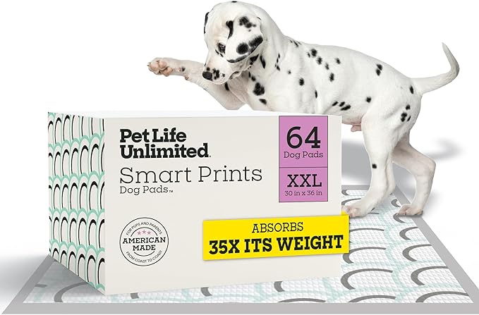 Pet Life Unlimited Smart Prints XXL Puppy Pads for Dogs, Potty Training Pee Pads, 64 Count, 30" x 36", Leak-Proof, Super Absorbent, Quick-Dry, Patterned Pads with Odor Control, Made in USA