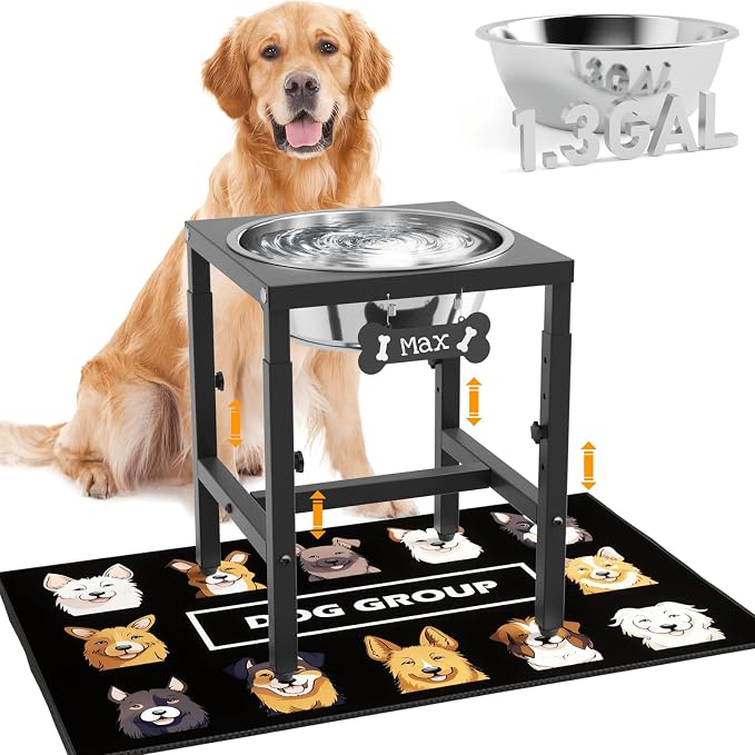 ADENGL 1.32 Gallon Elevated Dog Water Bowl for Large Dogs, 4-Height Adjustable (13–18'') Raised Stainless Steel Bowl with Spill-Proof Mat & Sturdy Metal Stand, Easy-Clean Feeder for Indoor/Outdoor Use