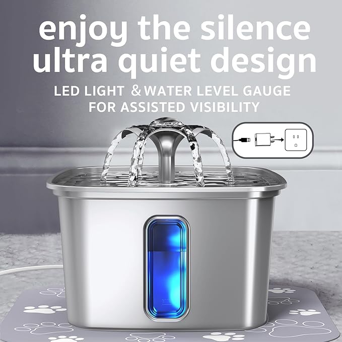 Veken Innovation Award Winner Stainless Steel Cat Water Fountain, 108oz | Automatic Pet Fountain Dog Water Dispenser with 6 Replacement Filters & Silicone Mat for Cats, Dogs, Multiple Pets (Silver)