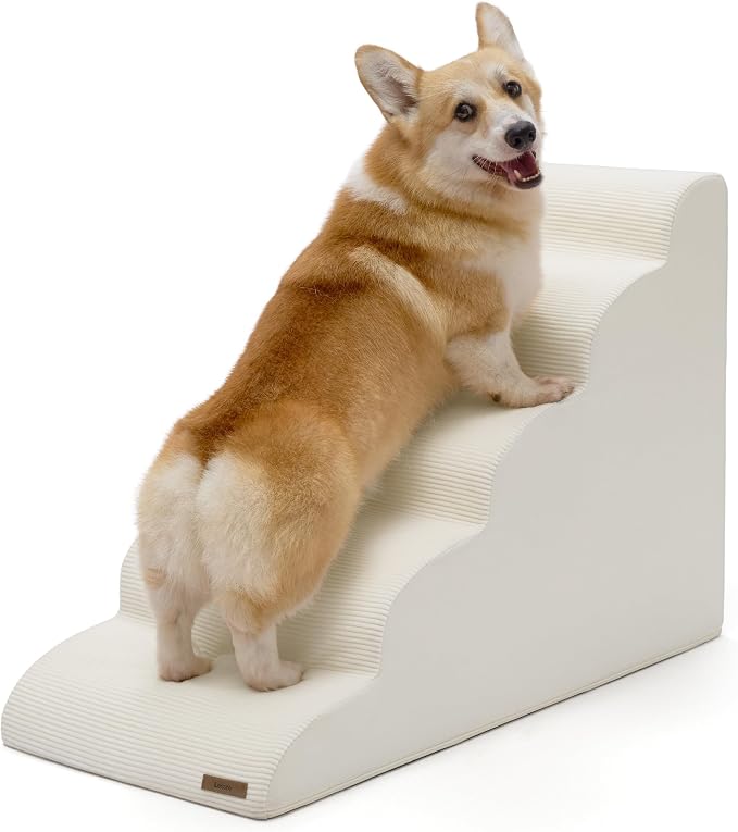 Lesure Dog Pet Stairs for High Bed, Beige, 5 Steps | Pet Steps Ramp for Small Dogs, 33D CertiPUR-US Certified Foam, Indoor and Car Use, Non-Slip Bottom, Removable Cover