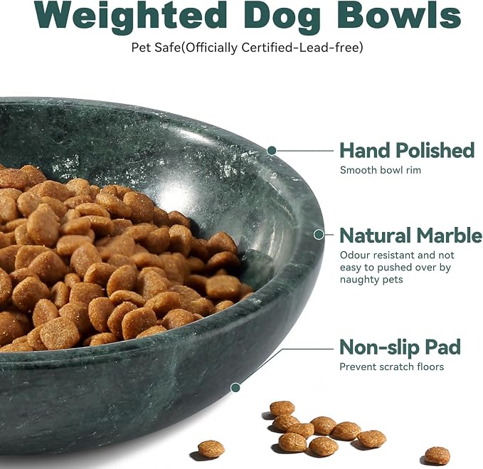 Natural Marble Cat Bowl, Weighted 1.5lb Cat Food Bowl for Cat and Small Dog, Small Animal Pet Food Dish Non-Slip, Shallow Dish for Whisker Fatigue Relief, Premium Green Stone for Home Decor