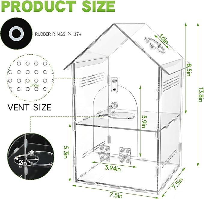Acrylic Jumping Spider Enclosure,7.9"×7.5"×13.8", 2-Layer Arboreal Tarantula Enclosure with Partition & Feeding Hole, for Gecko Amphibians Chameleon & Small Reptiles