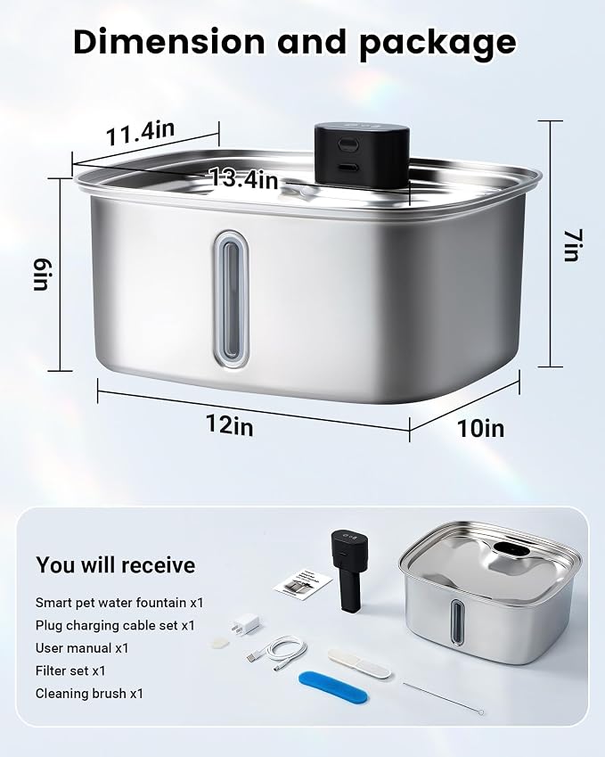 Smart Dog Water Bowl Dispenser Large, 10L/ 2.64Gal Cordless Dog Water Fountain Stainless Steel with APP Monitoring, 4000mah Automatic Cat Water Fountain for Mutil-Pets Large Dogs, 3 Fountain Modes