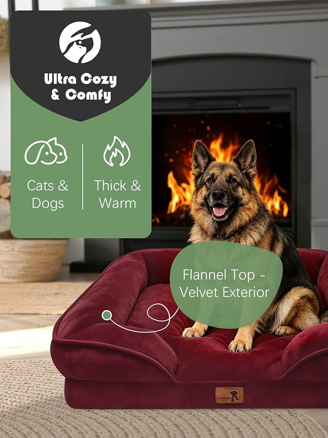 Spotted Play Orthopedic Dog Bed with Sides - Sofa Beds for Extra Large Dogs, Supportive Foam Pet Couch Bed with Washable Removable Cover, Waterproof Lining and Non-Slip Bottom, Burgundy - XL