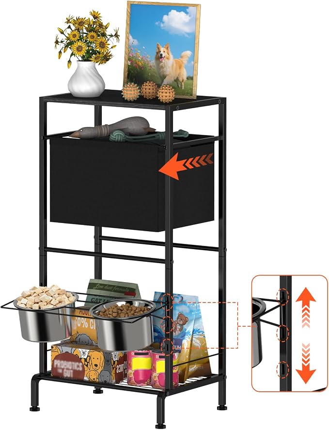 Raised Dog Bowl Stand with Storage Basket and Shelves, Height Adjustable | Dog Feeding Station with Pet Storage Organizer for Small Medium Large Dogs Cats, Black