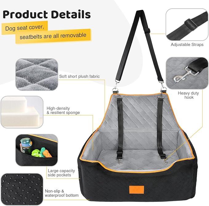XIEEAOZEE Dog Car Seat for Large/Medium Dog, Booster Seat for Dogs Under 55Lbs or 2 Small, Detachable and Washable Travel Pet Seat with Thick Cushion and Storage Pockets (Black/Gray)