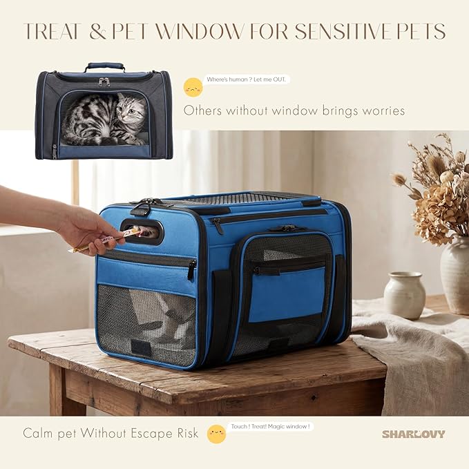 Top-Expandable Pet Carrier with Treat Pet Window,17x11x9.5 Airline Approved | for Alaska Hawaiian,Soft-Sided Dog Carrier, Anti-Scratch Mesh, Lockable Zippers,Cat Carrier for Kitten,Rabbit,Puppy,Blue