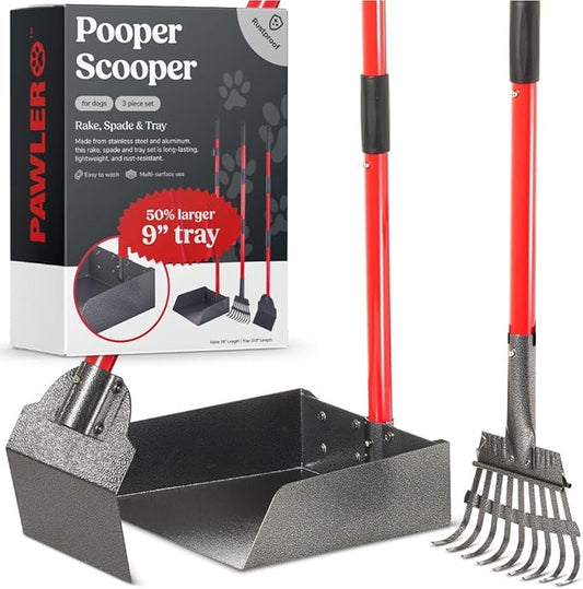 Pawler Pooper Scooper for Large Dogs, Small Dogs and Horses, Metal Poop Scooper Set with Long Handle Rake, Spade and Tray for Yard, Grass, Dirt or Gravel, Heavy Duty Aluminum Poop Picker Upper