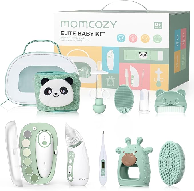Momcozy Elite Baby Kit, Superior Baby Shower Gift & Registry Essential Kit | Grooming&Health&Cleansing Care Set,Electric Nail File & Nasal Aspirator,Tummy Wrap,Thermometer,Bath Brush,Teether,Storage Bag