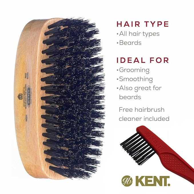 Kent MS23 Finest Men's Rectangular 100% Natural Satinwood & Beechwood Military Hair Brush with Medium Black Bristle for Mens Grooming, Scalp Brush, 360 Wave, and Beard Straightener