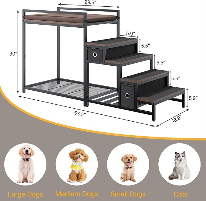 kepptory Dog/Cat Window Perch with Stairs and Seat Cushion, Pet Bunk Bed with Storage Drawers, Bedside Dogs Cot for Small, Medium Cats & Dogs, Pet Stairs Ramp(Brown)